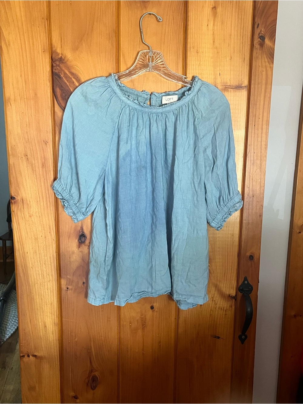 LOFT Light Blue Gathered Neck Peasant Top